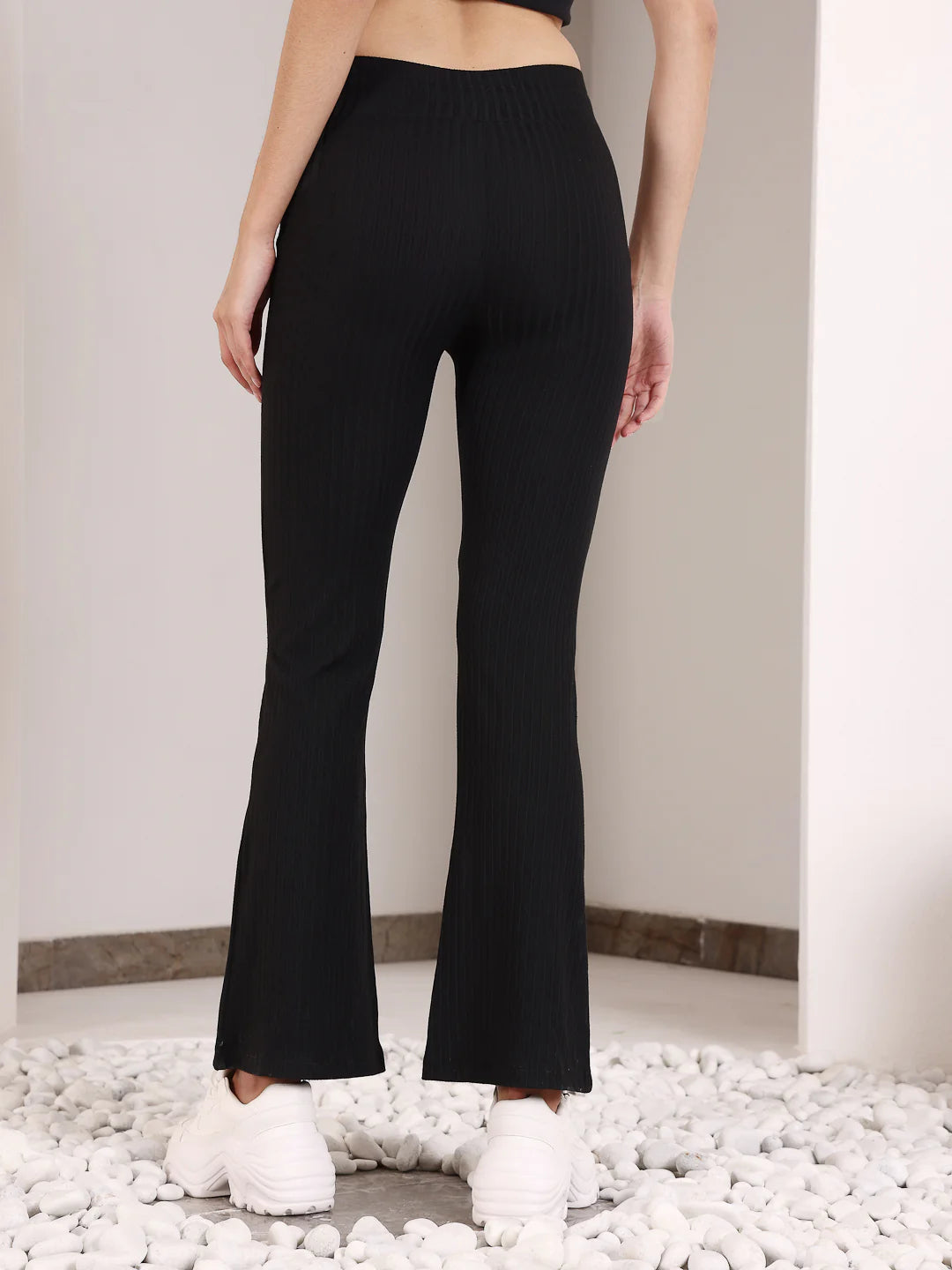 Black Rib Drawstring Flare Pants