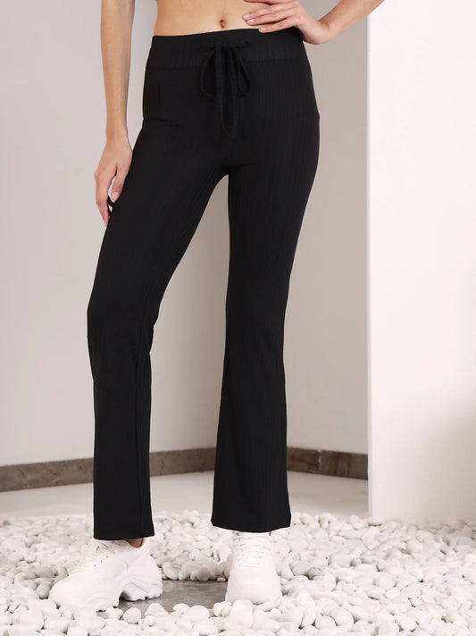 Black Rib Drawstring Flare Pants