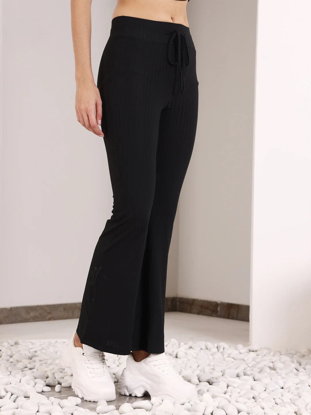 Black Rib Drawstring Flare Pants