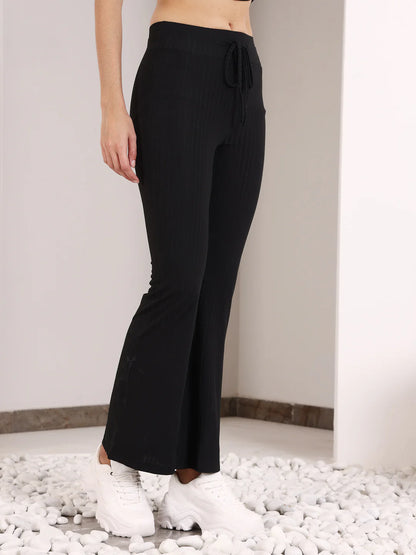 Black Rib Drawstring Flare Pants