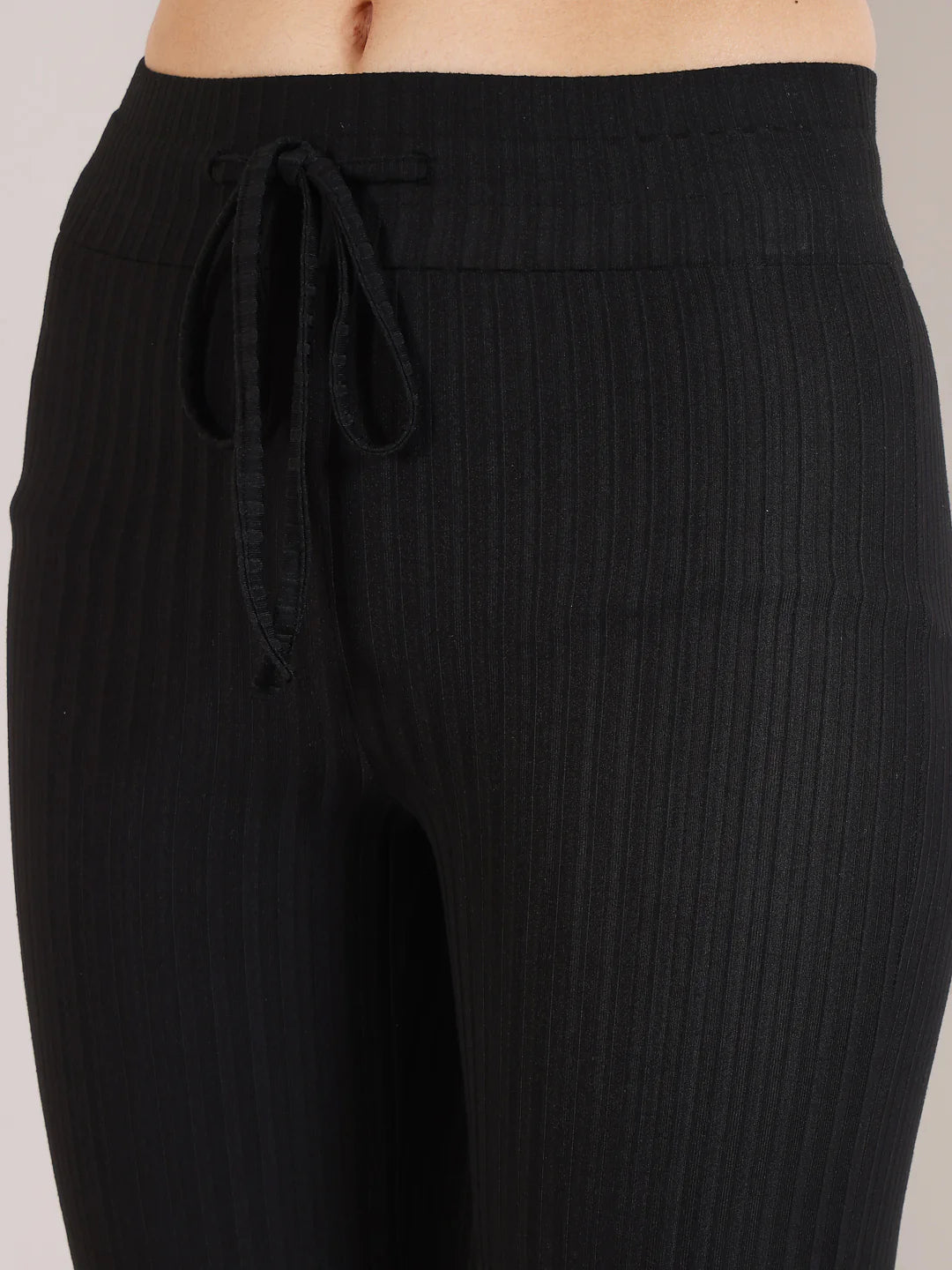 Black Rib Drawstring Flare Pants